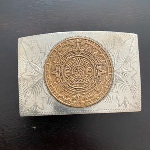 Vintage Nickel Belt Buckle w/ Brass INCA AZTEC Calendar